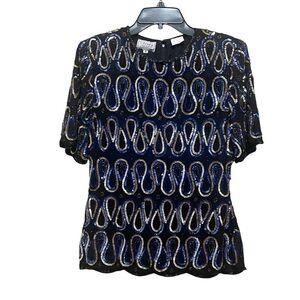 STENAY Vintage Silk Blouse Sequin Dressy Sparkle Evening Black Blue Gold Size S
